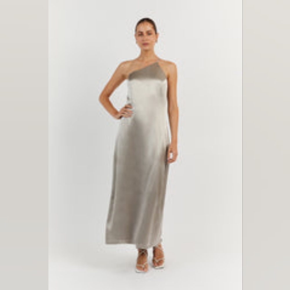 DISSH Silver Maxi Dress with Strapless Design and Elegant Silhouette